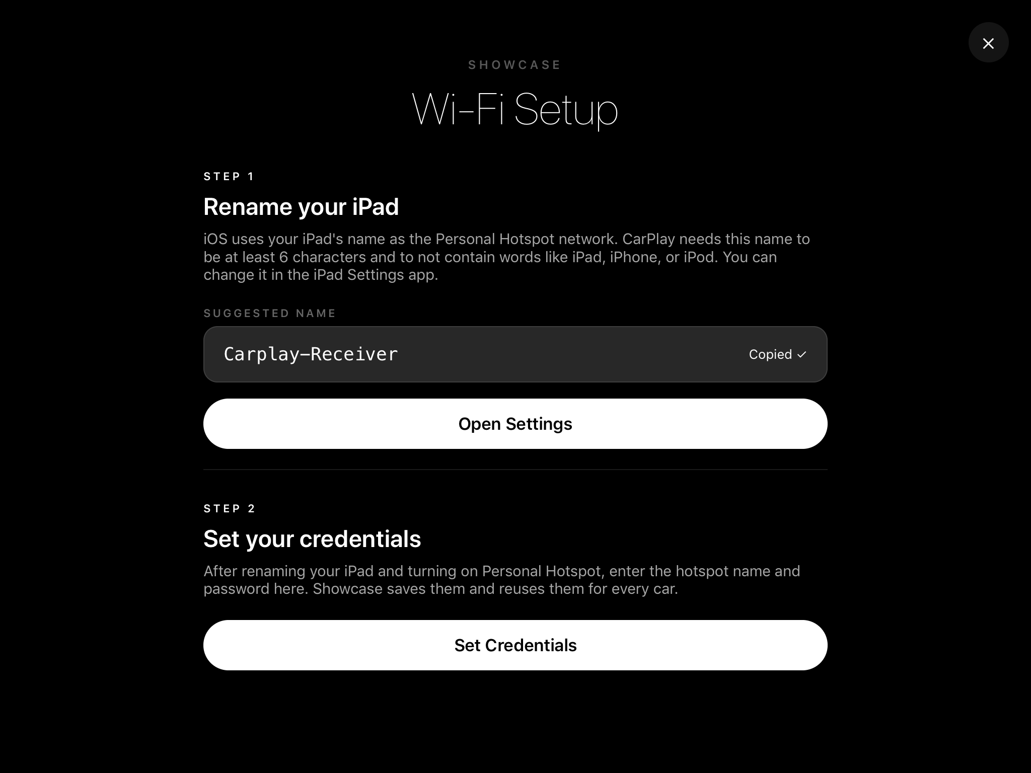 Wi-Fi setup, Step 1 — suggested SSID copied to clipboard